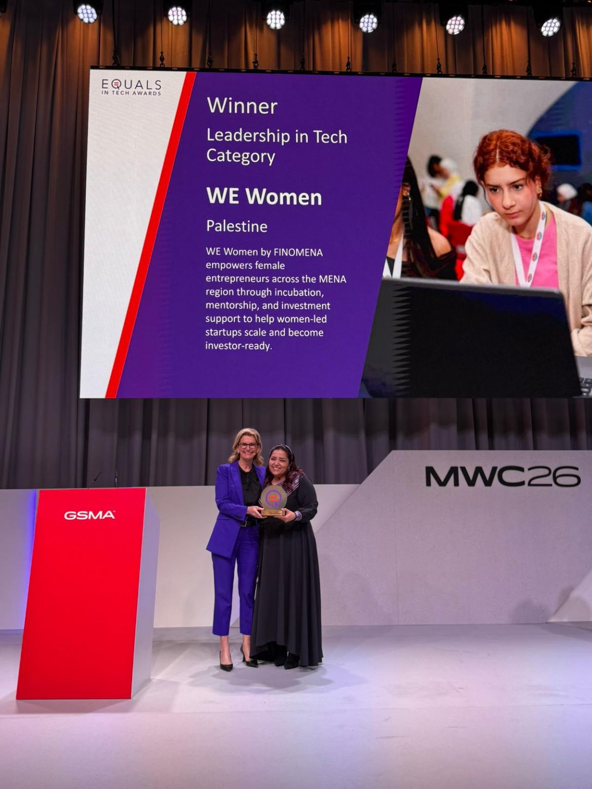 Nadiah Sabaneh receiving the EQUALS in Tech award on behalf of FINOMENA